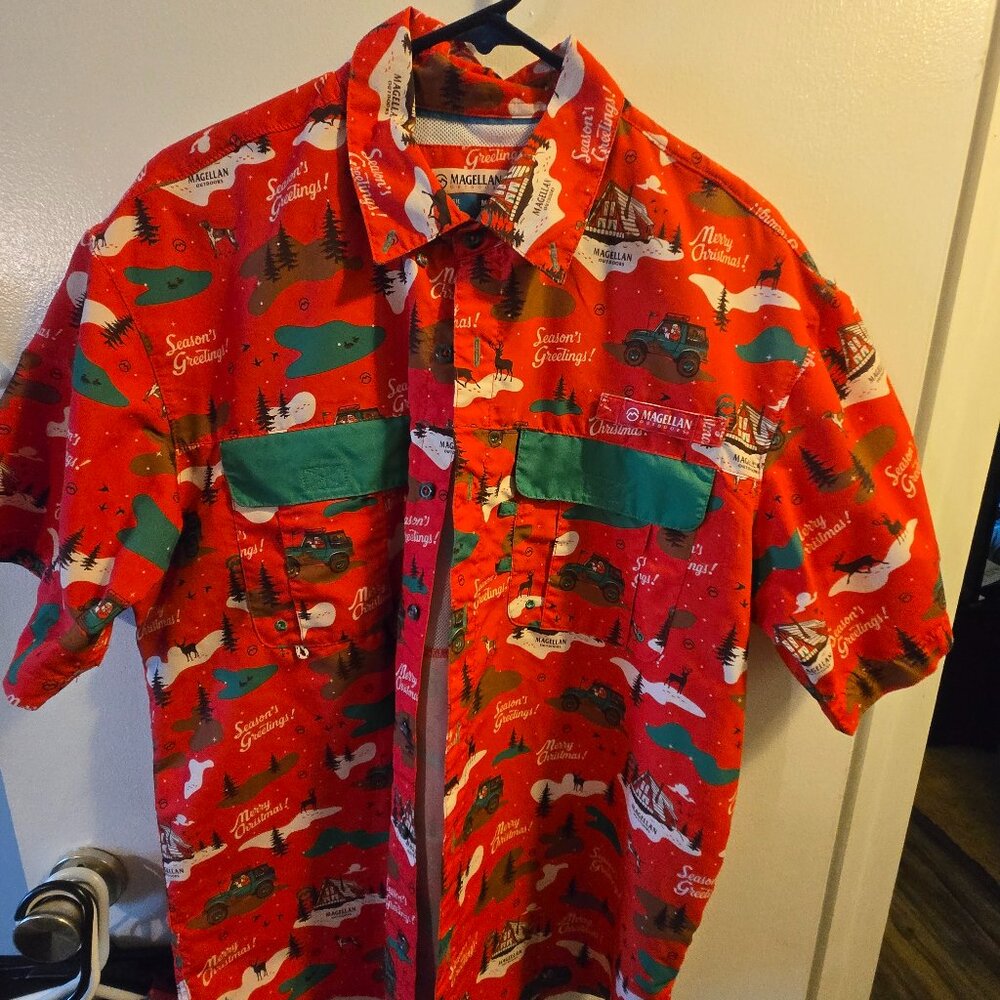 MAGELLAN Mens Fishing Shirt Relaxed Fit Vented Merry Christmas Men's Medium Jeep